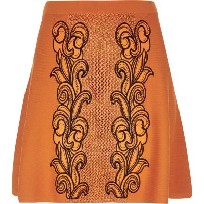 Orange knitted embroidered skirt